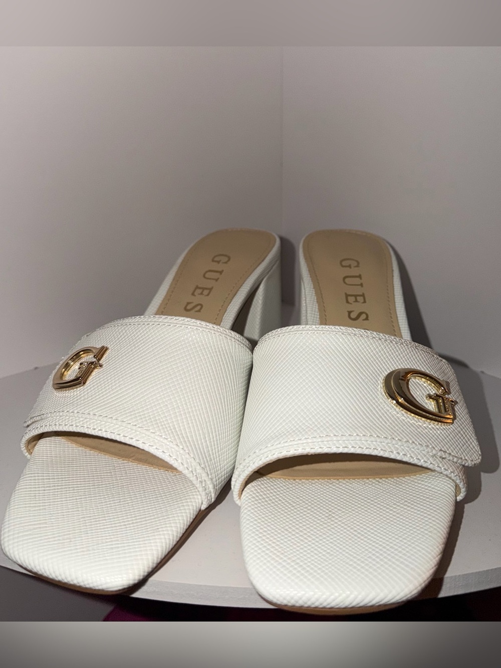 GUESS White Slide Mules with Gold G Logo